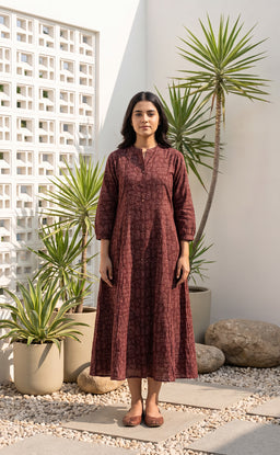Dark Maroon Cotton All-Over Ethnic Printed Flare Kurti