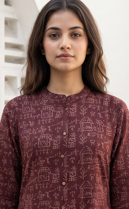 Dark Maroon Cotton All-Over Ethnic Printed Flare Kurti
