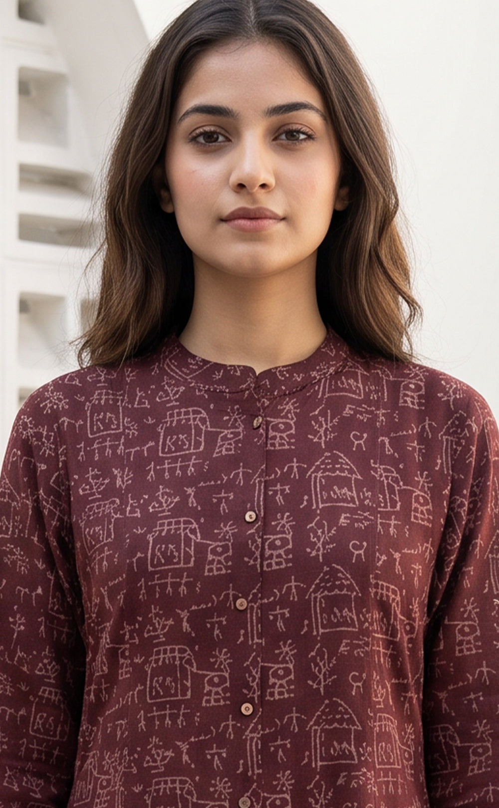 Dark Maroon Cotton All-Over Ethnic Printed Flare Kurti