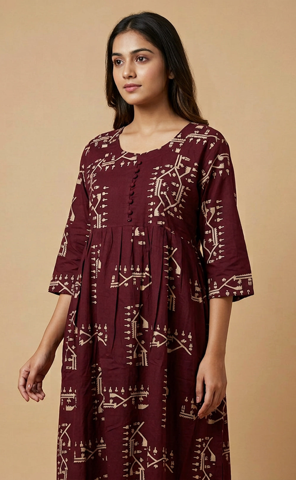Dark Maroon Rayon All-Over Geometric Printed Feeding Kurti