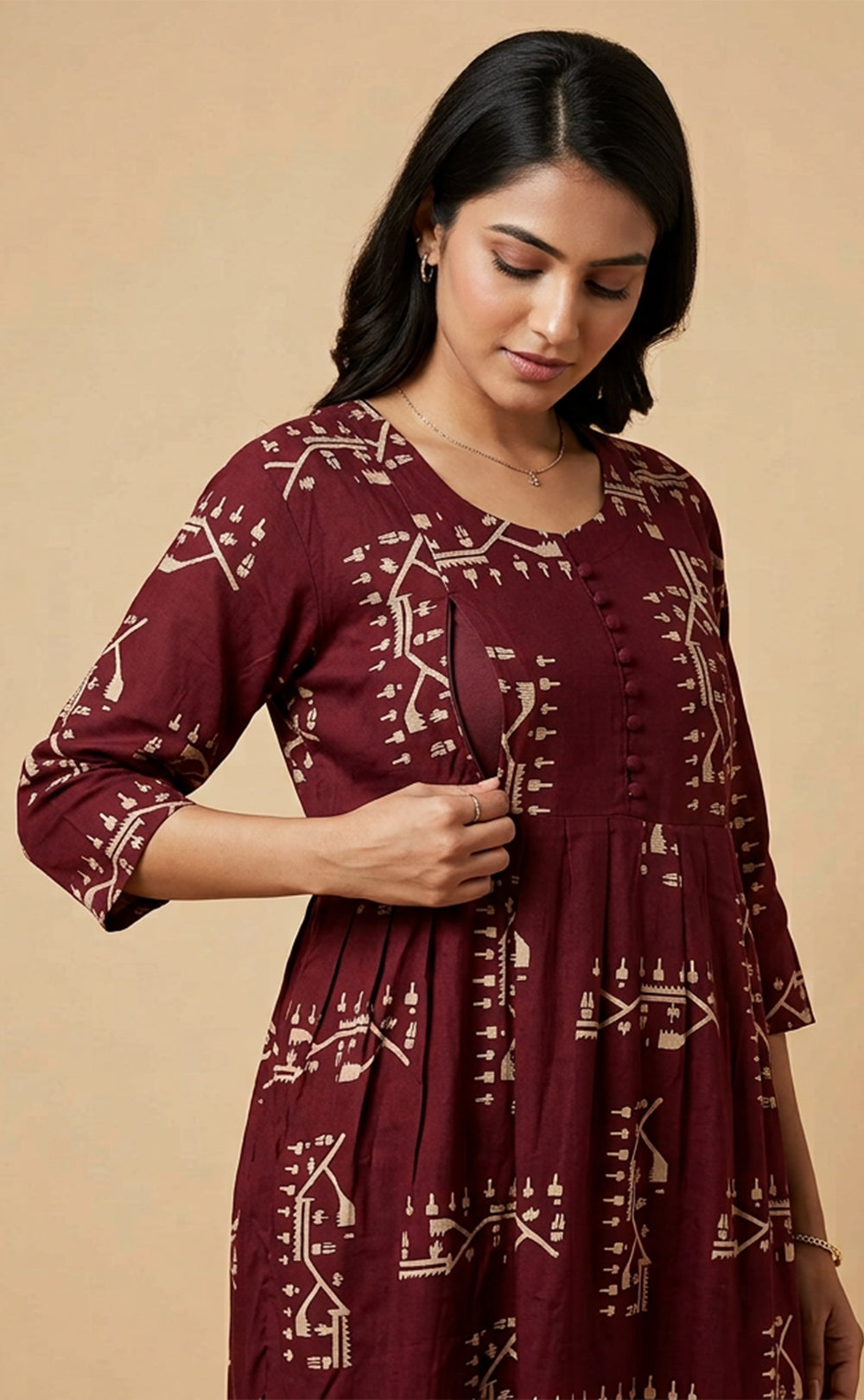 Dark Maroon Rayon All-Over Geometric Printed Feeding Kurti