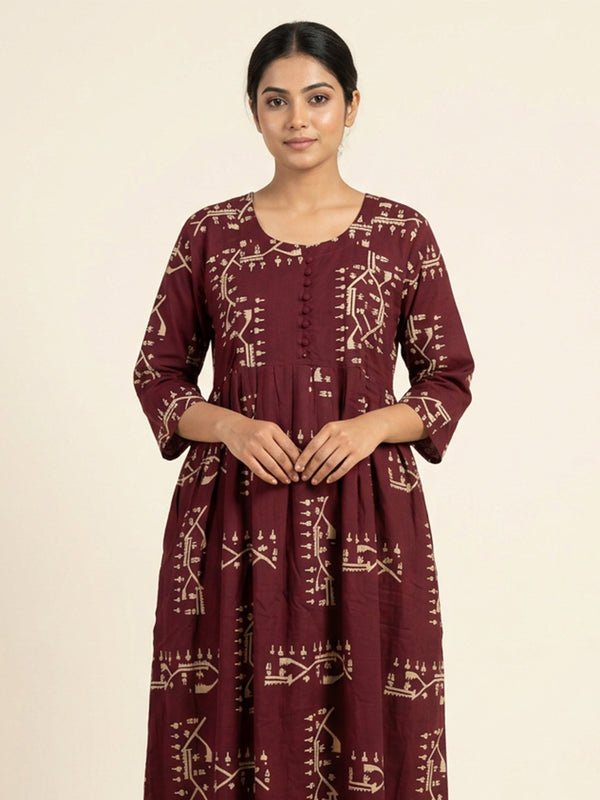 Dark Maroon Rayon All-Over Geometric Printed Feeding Kurti