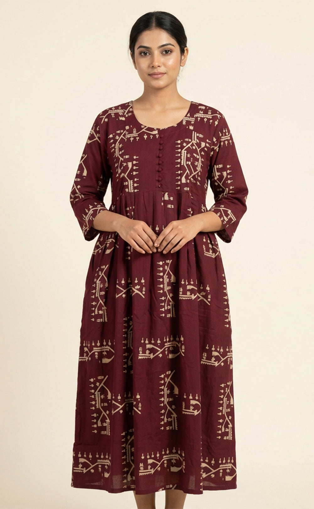 Dark Maroon Rayon All-Over Geometric Printed Feeding Kurti