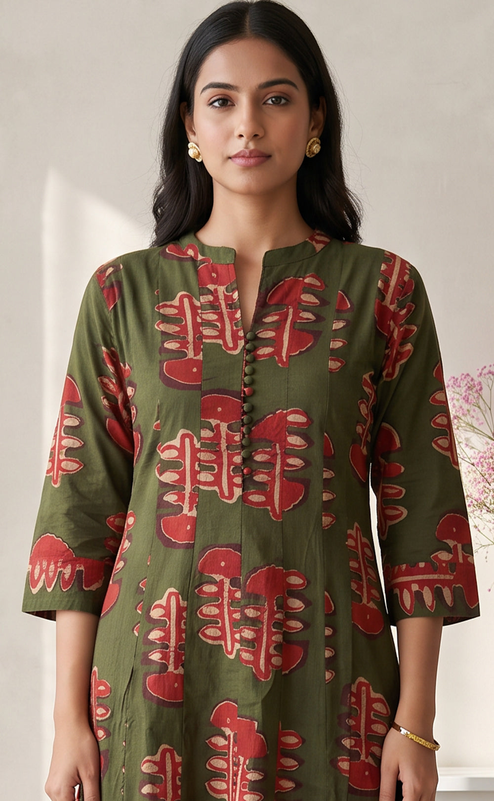 Mehndi Green Cotton Botanical and large Leaf Printed Kurti Set