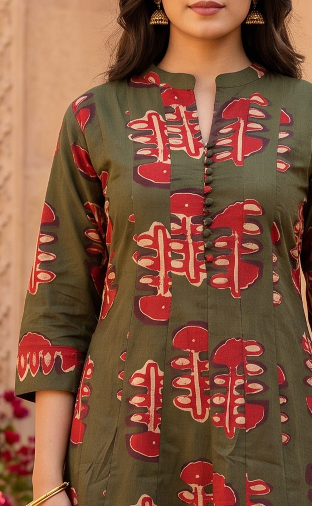 Mehndi Green Cotton Botanical and large Leaf Printed Kurti Set