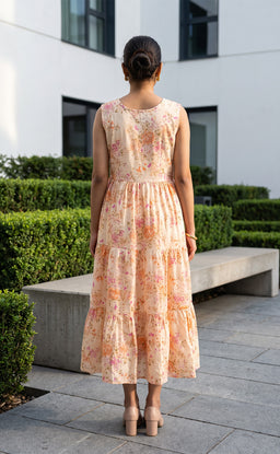 Peach Cotton All-Over Floral Printed Kurti Gown