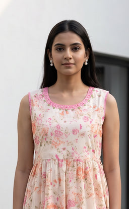 Peach Cotton All-Over Floral Printed Kurti Gown