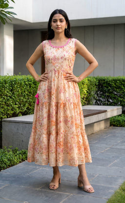 Peach Cotton All-Over Floral Printed Kurti Gown