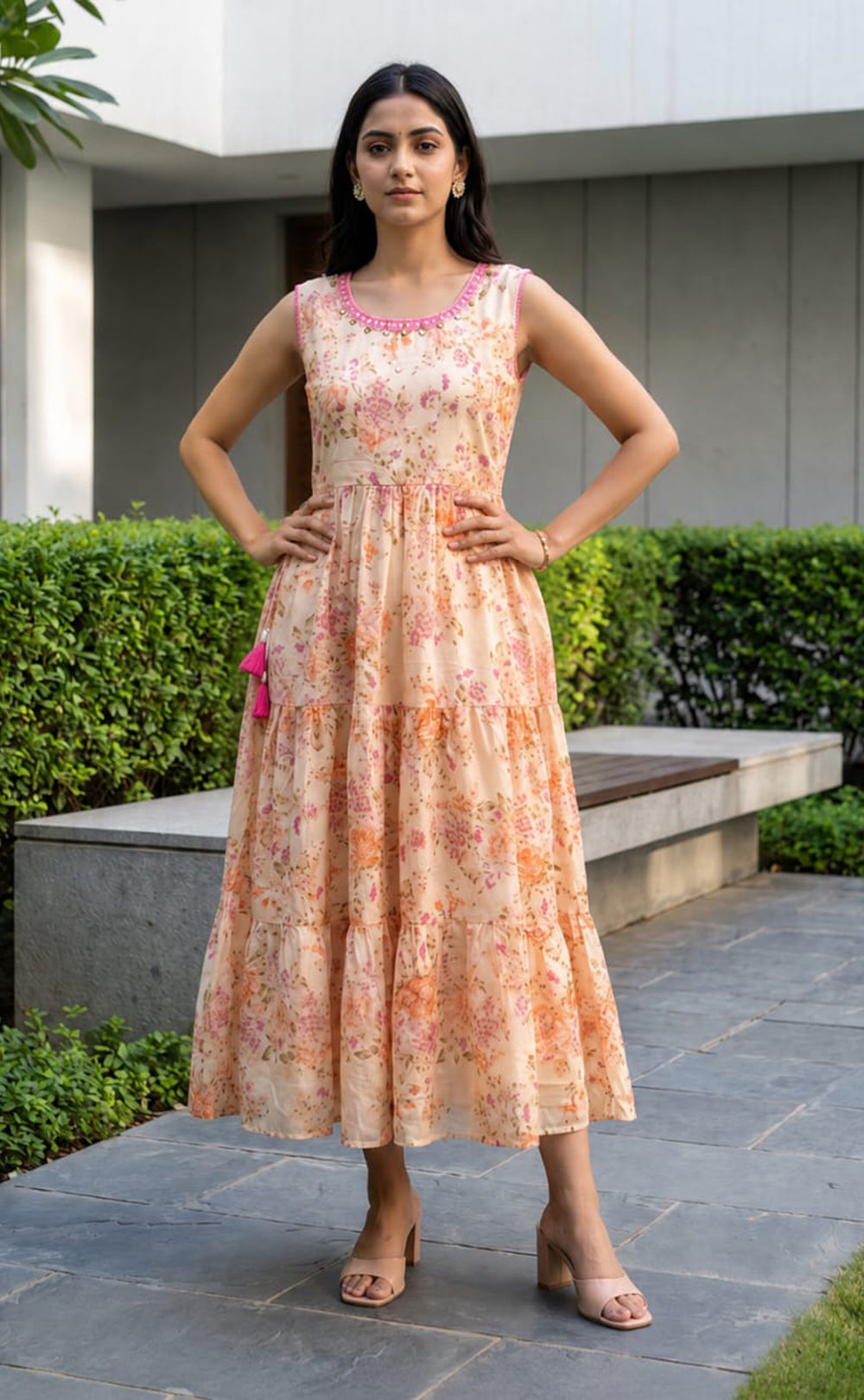 Peach Cotton All-Over Floral Printed Kurti Gown