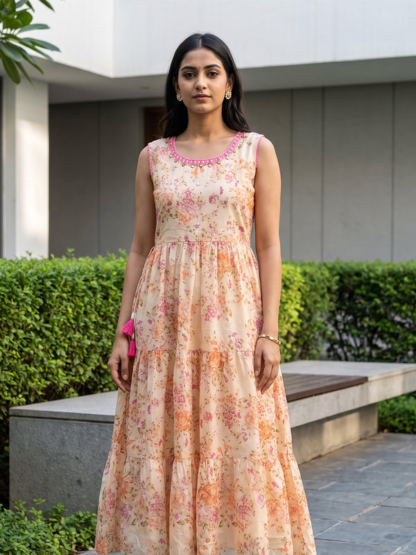 Peach Cotton All-Over Floral Printed Kurti Gown