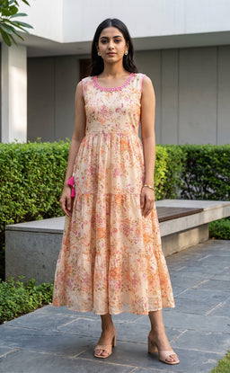 Peach Cotton All-Over Floral Printed Kurti Gown