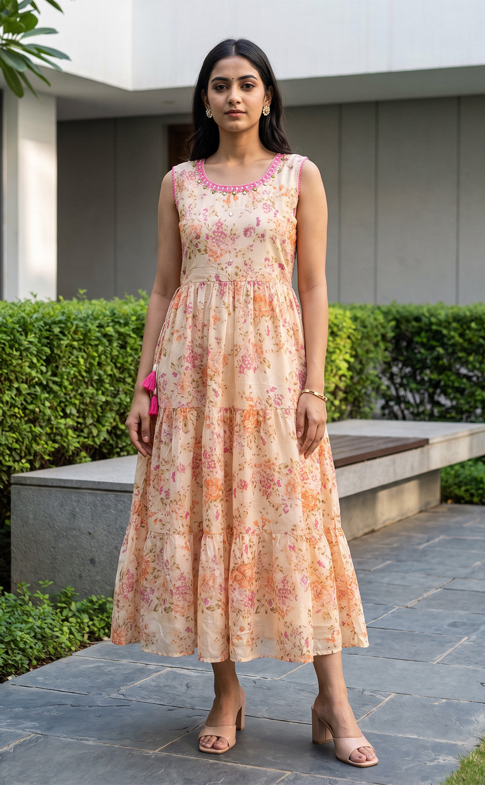 Peach Cotton All-Over Floral Printed Kurti Gown