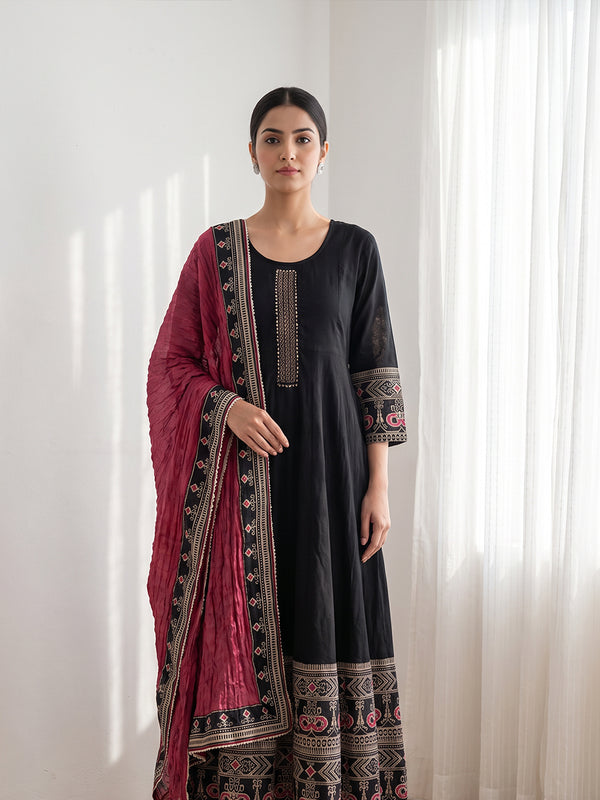 Black Rayon Mirror Work Kurti Set