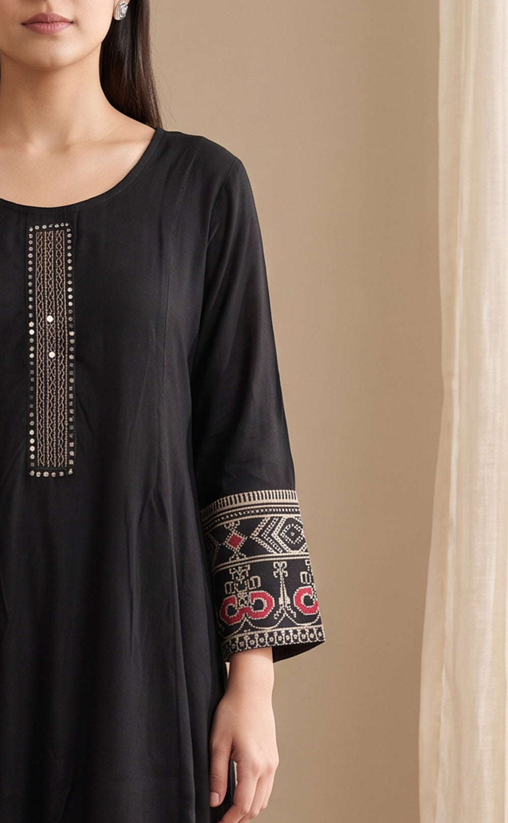 Black Rayon Mirror Work Kurti Set