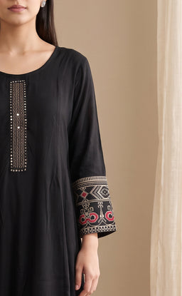Black Rayon Mirror Work Kurti Set