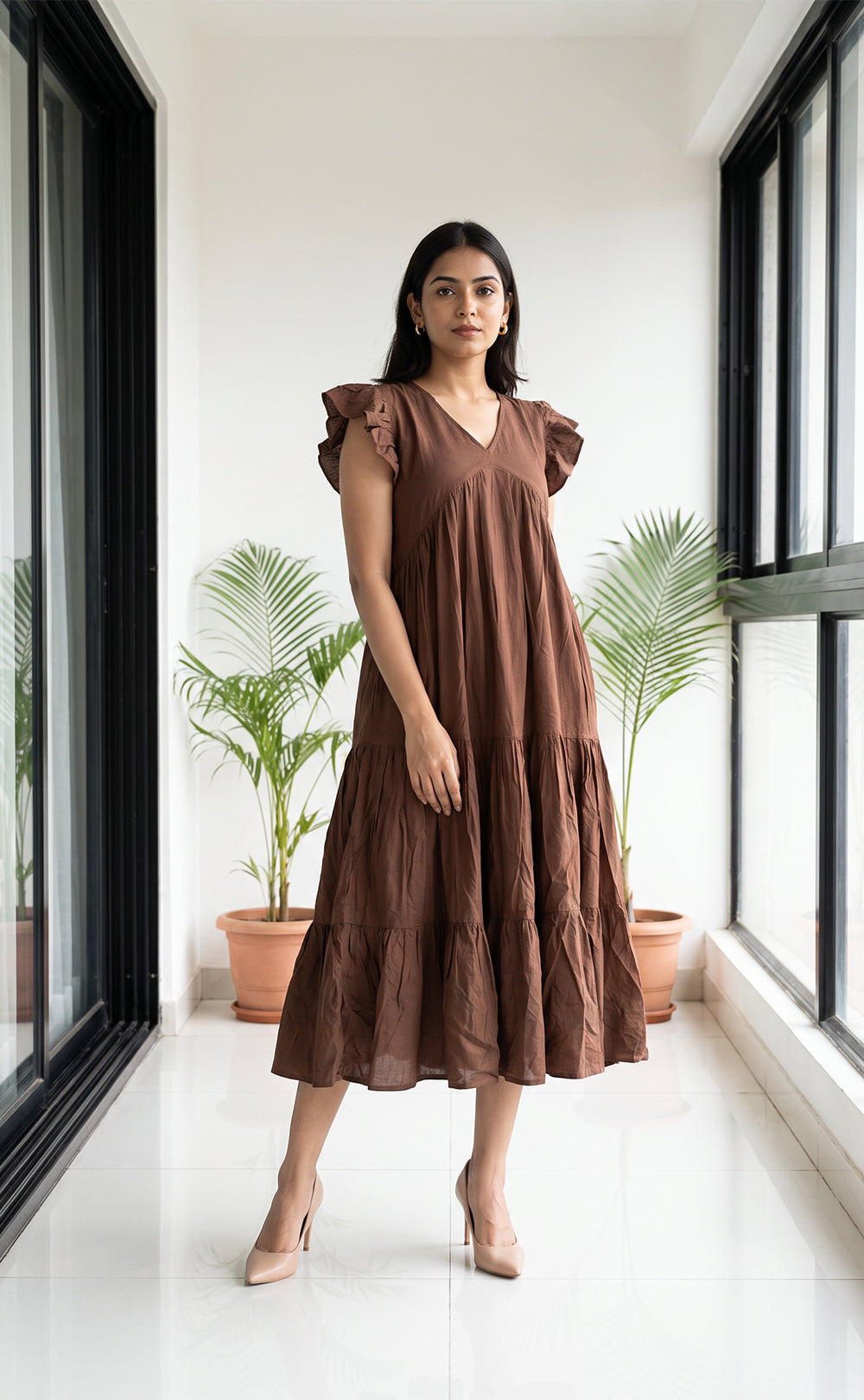 Chocolate Brown Fancy Plain Flare Kurti