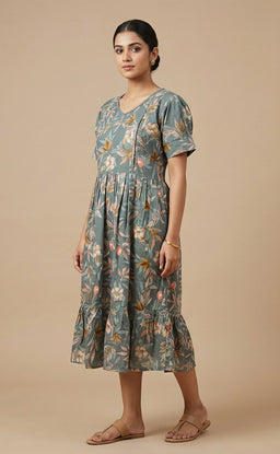 Steel Grey Jaam Cotton Floral Print And Buti Mirror Work Feeding Kurti