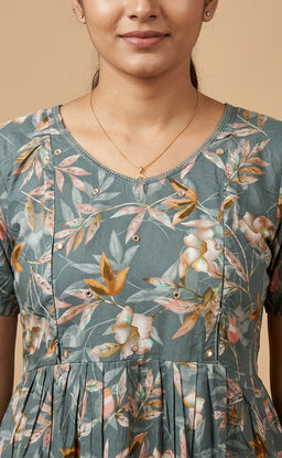Steel Grey Jaam Cotton Floral Print And Buti Mirror Work Feeding Kurti