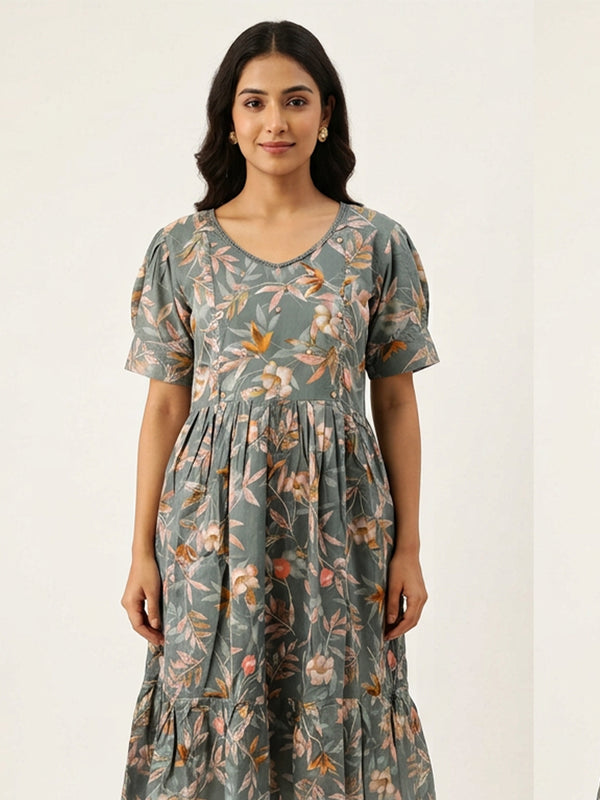 Steel Grey Jaam Cotton Floral Print And Buti Mirror Work Feeding Kurti
