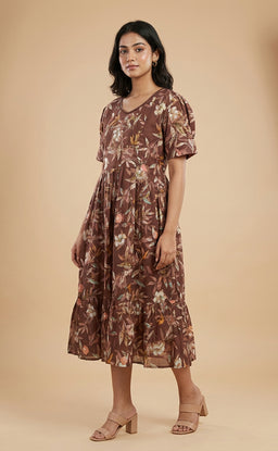 Chocolate Brown Jaam Cotton Floral Print And Buti Mirror Work Feeding Kurti