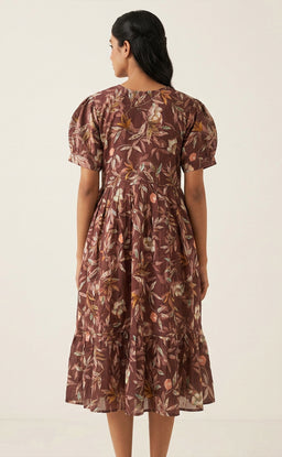 Chocolate Brown Jaam Cotton Floral Print And Buti Mirror Work Feeding Kurti