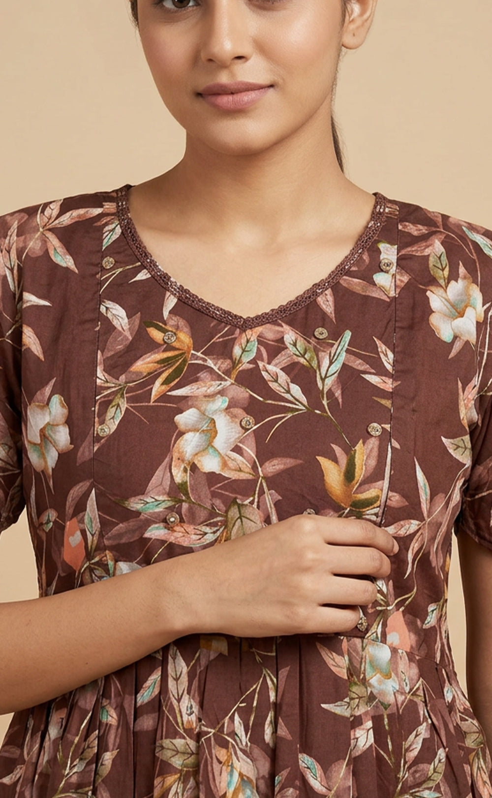 Chocolate Brown Jaam Cotton Floral Print And Buti Mirror Work Feeding Kurti