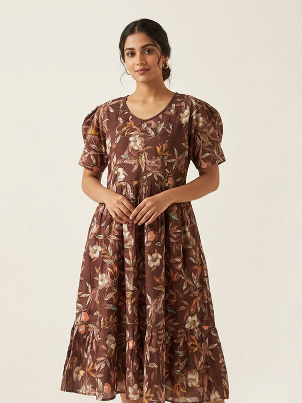 Chocolate Brown Jaam Cotton Floral Print And Buti Mirror Work Feeding Kurti