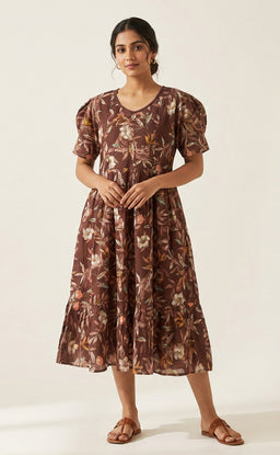 Chocolate Brown Jaam Cotton Floral Print And Buti Mirror Work Feeding Kurti