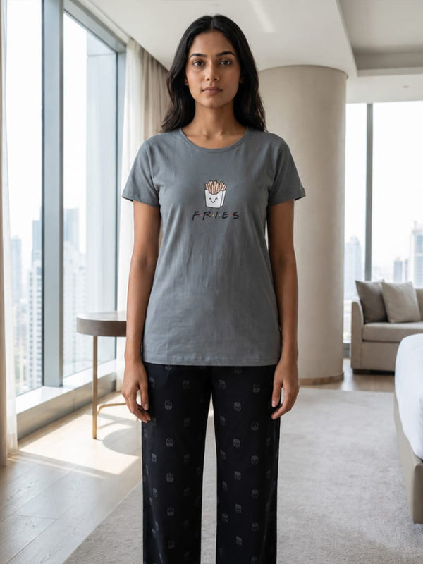 Steel Grey Placement Printed Night Suit