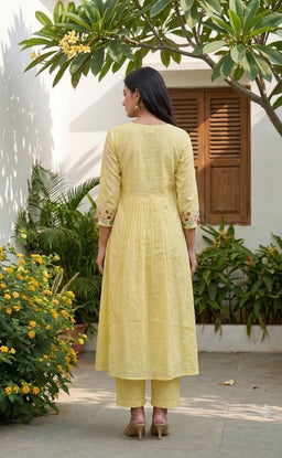 Yellow Cotton All-Over Thread Work Kurti Set