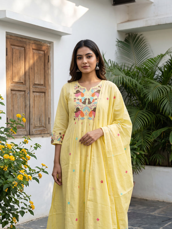 Yellow Cotton Multi Colour Thread Embroidery Kurti Set