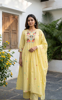 Yellow Cotton All-Over Thread Work Kurti Set