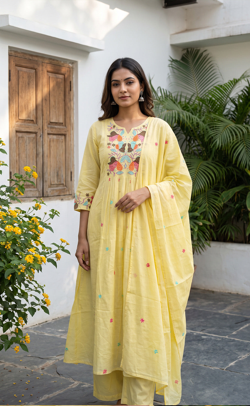 Yellow Cotton All-Over Thread Work Kurti Set