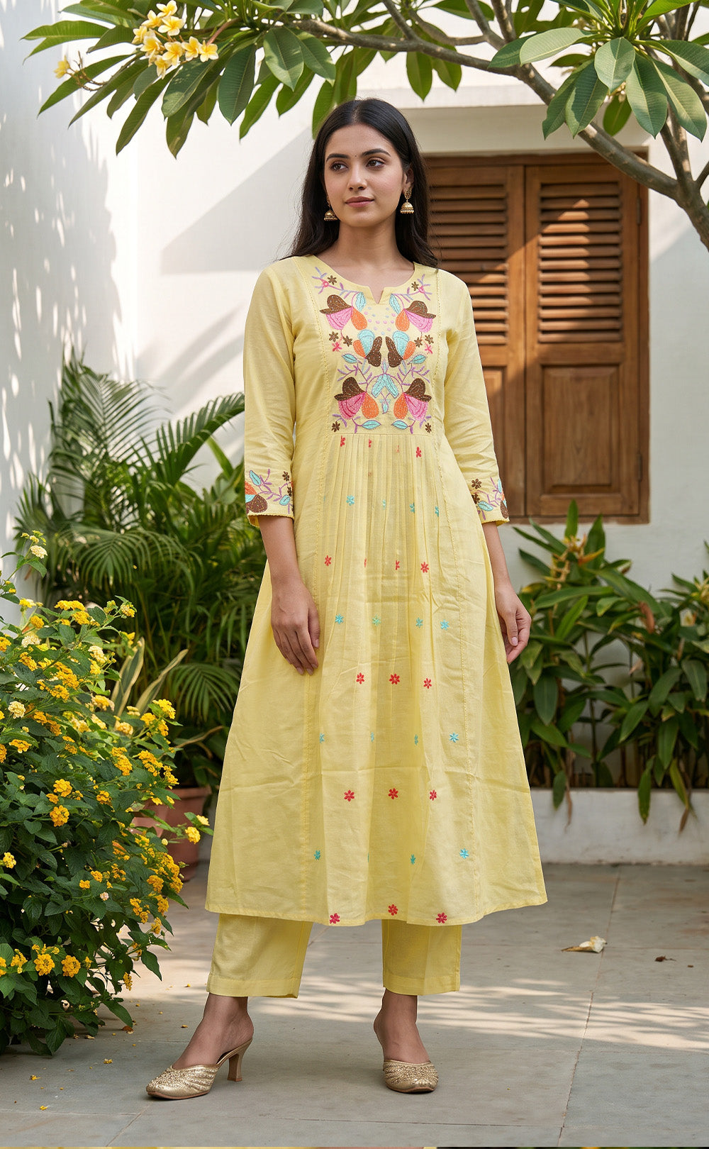 Yellow Cotton All-Over Thread Work Kurti Set