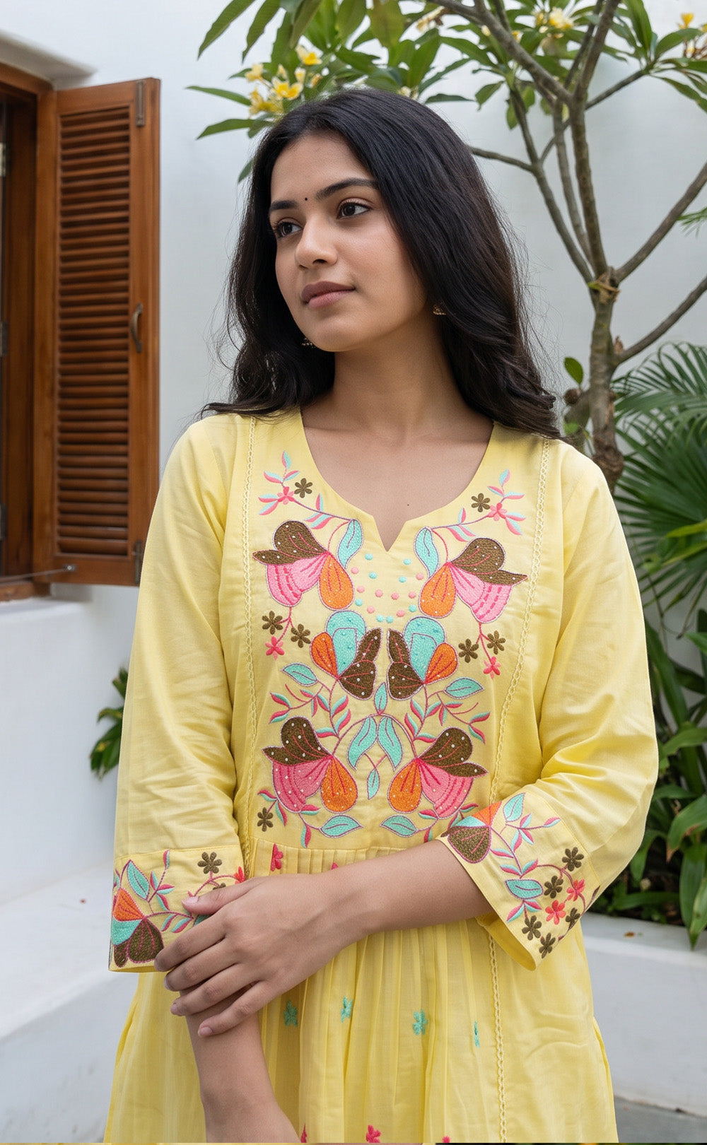 Yellow Cotton All-Over Thread Work Kurti Set