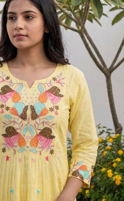 Yellow Cotton All-Over Thread Work Kurti Set