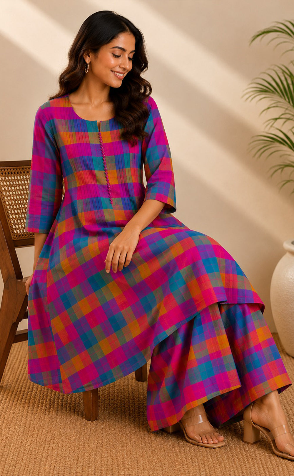 Rani Pink Cotton Checks Pattern Co-ord Set