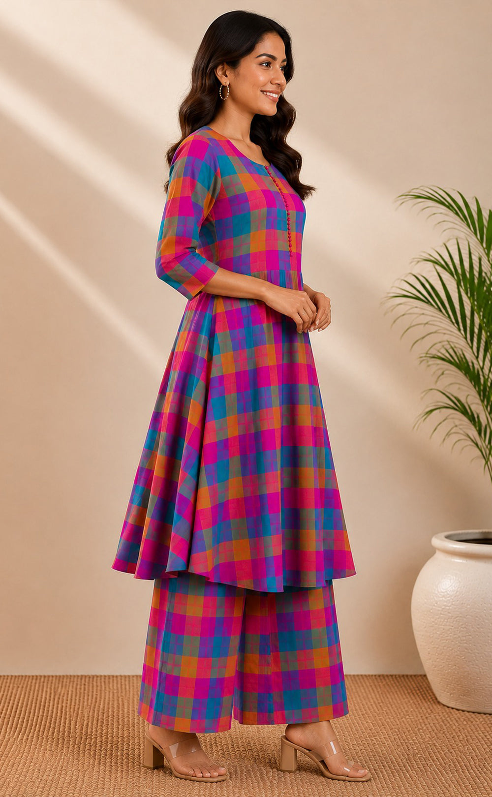 Rani Pink Cotton Checks Pattern Co-ord Set