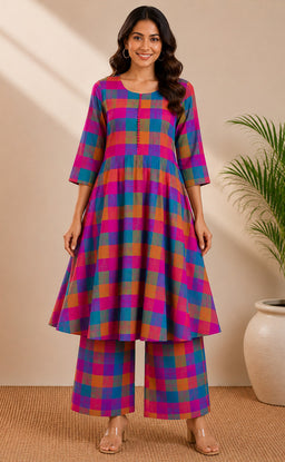 Rani Pink Cotton Checks Pattern Co-ord Set