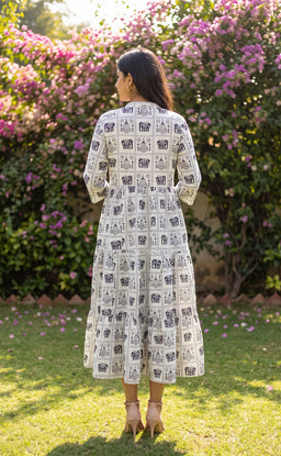 White Cotton All-Over Elephant And Geometric Printed Kurti Gown