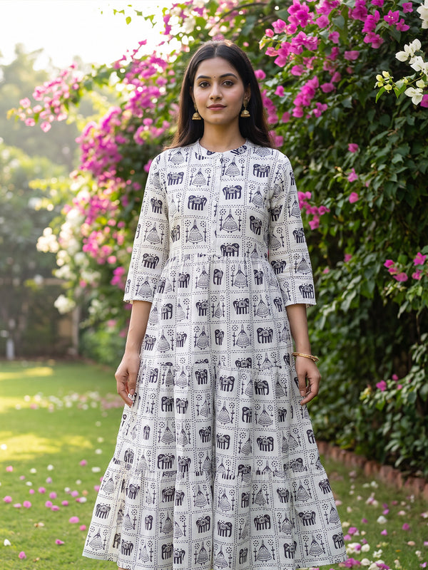 White Cotton All-Over Elephant And Geometric Printed Kurti Gown
