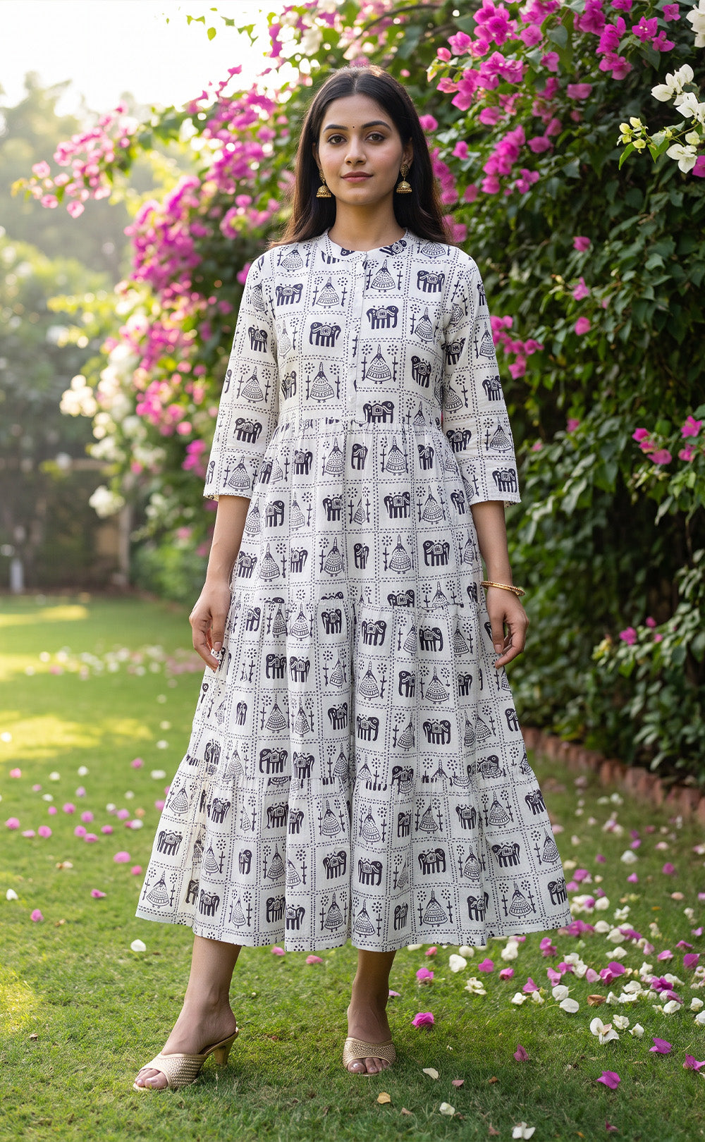 White Cotton All-Over Elephant And Geometric Printed Kurti Gown