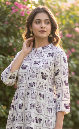 White Cotton All-Over Elephant And Geometric Printed Kurti Gown