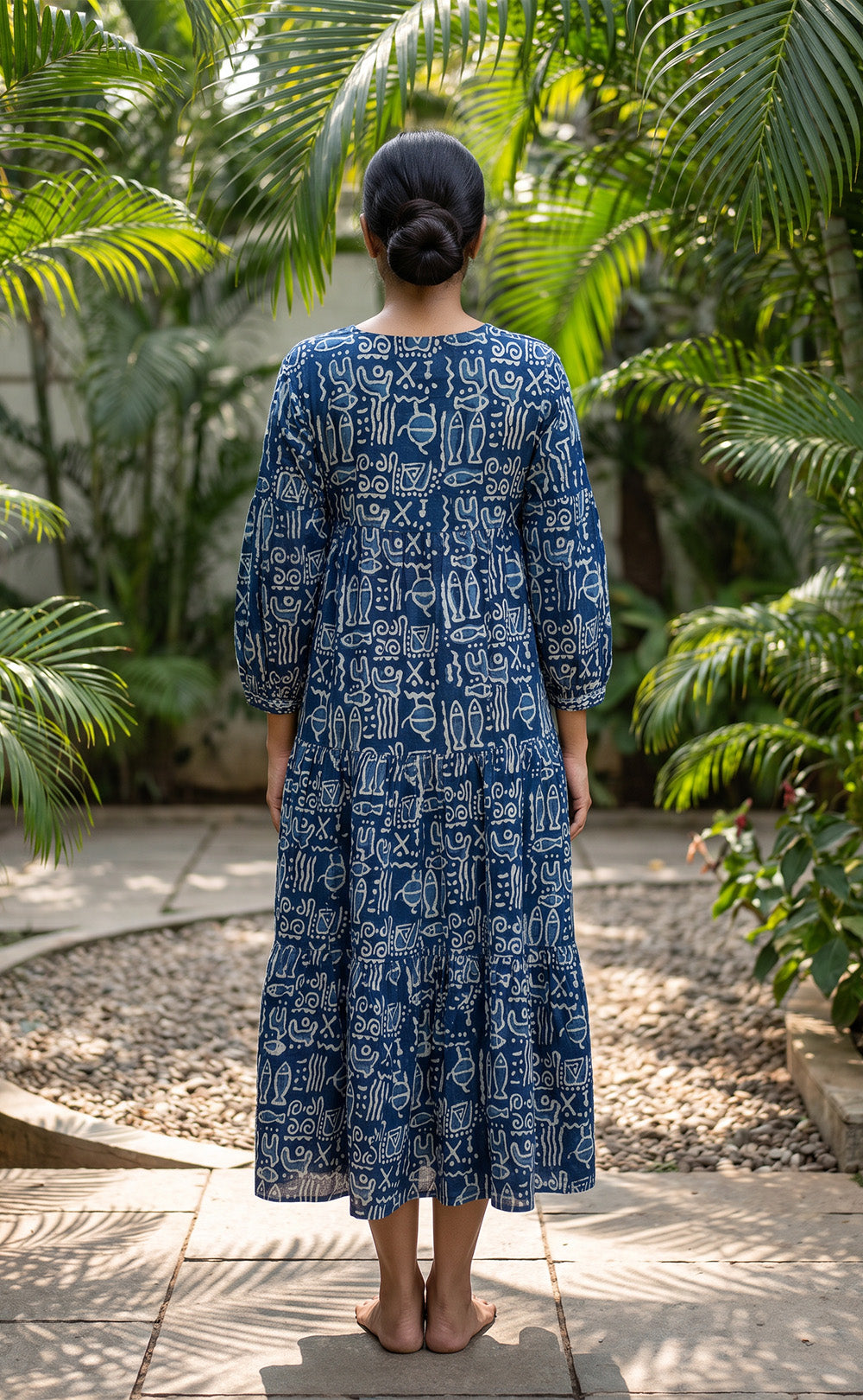 Indigo Blue Cotton Abstract Printed Long Flare Kurti
