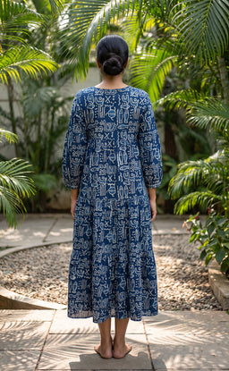 Indigo Blue Cotton Abstract Printed Long Flare Kurti