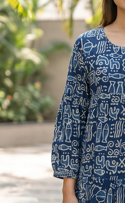Indigo Blue Cotton Abstract Printed Long Flare Kurti