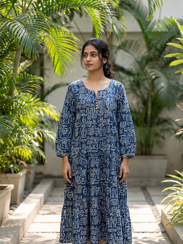Indigo Blue Cotton Abstract Printed Long Flare Kurti