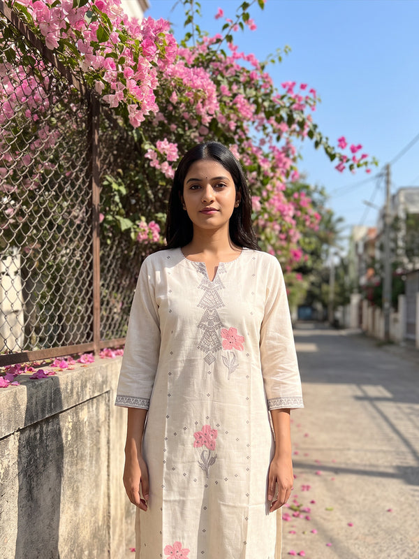 Half-White Cotton All-Over Floral And Small Buti Printed Straight Kurti