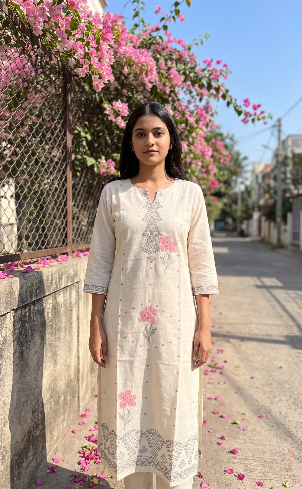 Half-White Cotton All-Over Floral And Small Buti Printed Straight Kurti