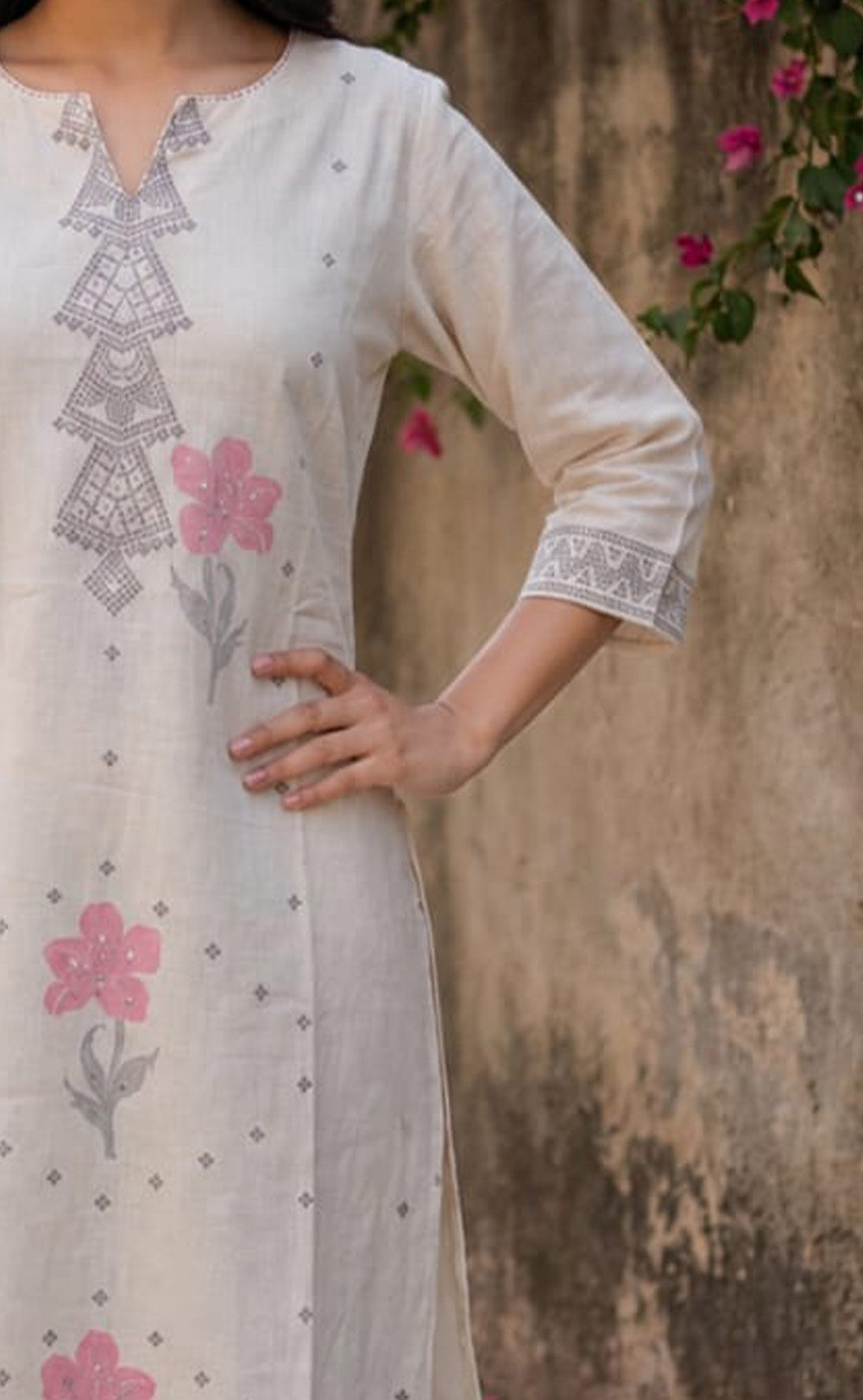 Half-White Cotton All-Over Floral And Small Buti Printed Straight Kurti